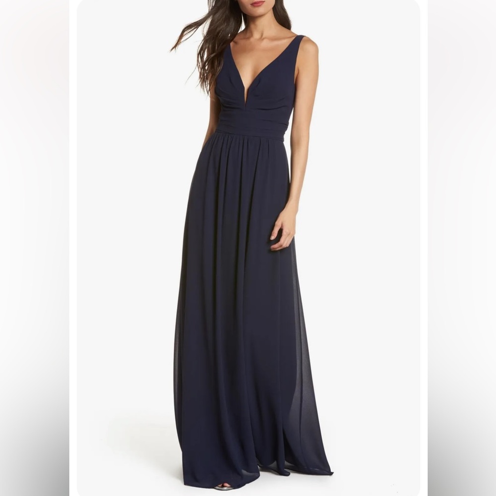 Lulus V-Neck Chiffon A-Line Maxi Dress Gown Navy Blue